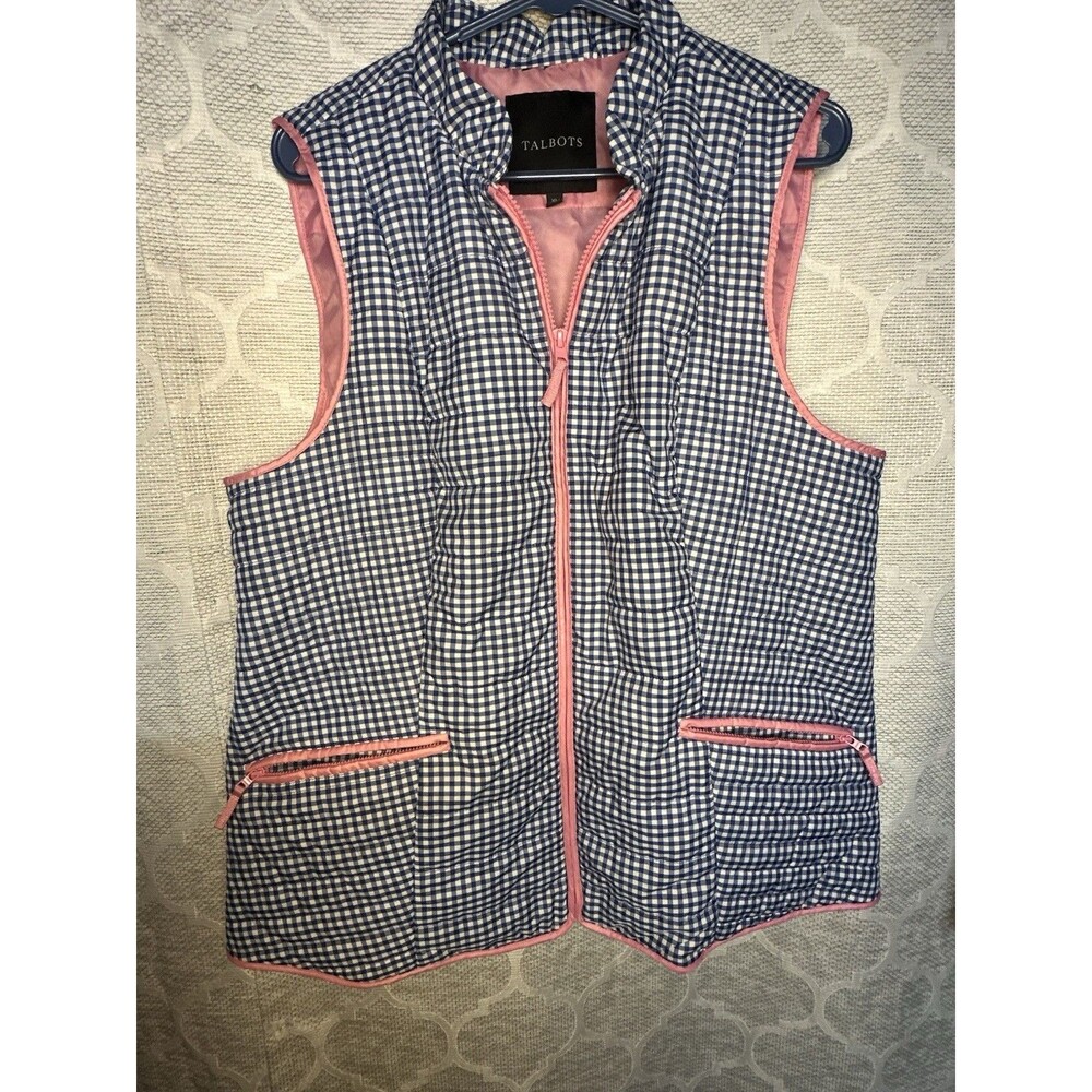 Talbots Women's Quilted Gingham Puffer Vest Blue White Pink Trim Full Zip XL